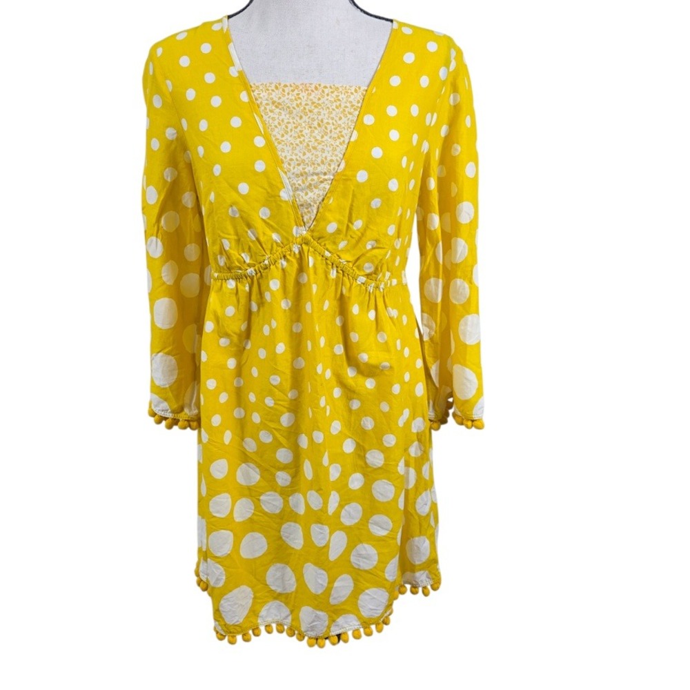 Boden Mini Dress Women 6R Yellow Polka Dot Pom Pom Trim Cotton WA781